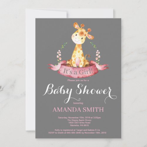 Girl Giraffe Baby Shower Invitation Pink and Gray