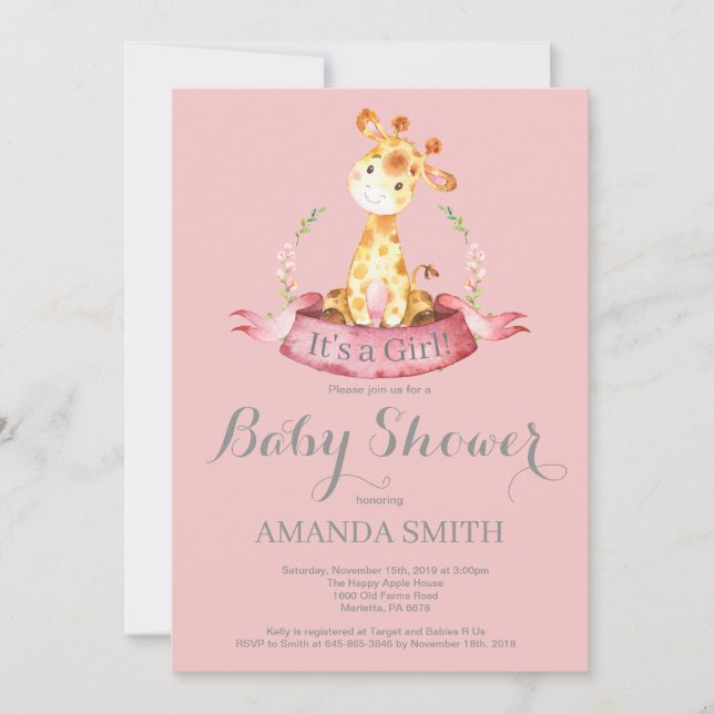Girl Giraffe Baby Shower Invitation Pink and Gray (Front)