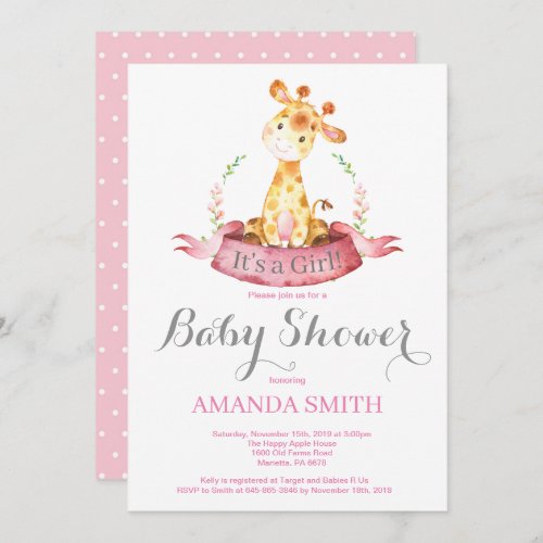 Girl Giraffe Baby Shower Invitation Pink and Gray