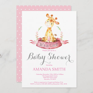 Girl Giraffe Baby Shower Invitation Pink and Gray