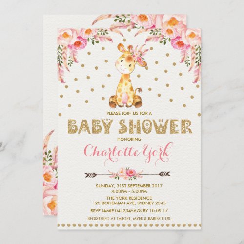 Girl Giraffe Baby Shower Pink Floral Tribal Invite