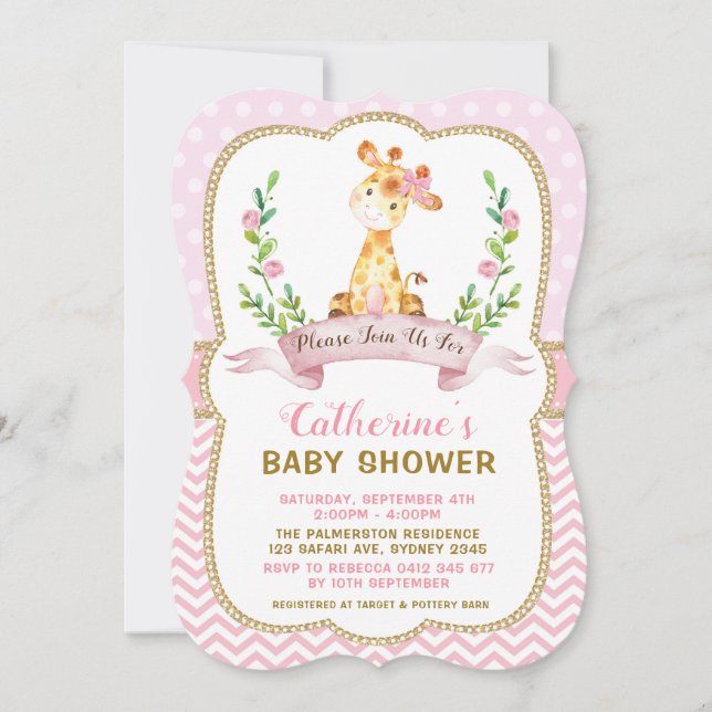 Girl Giraffe Baby Shower Pink & Gold Invitation (Front)