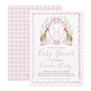 Girl Giraffe Baby Shower Preppy Pink Gingham Invitation
