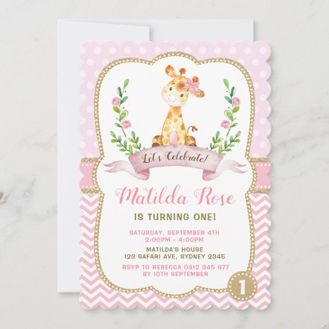Girl Giraffe Birthday Pink Gold Jungle Invitation (Front)