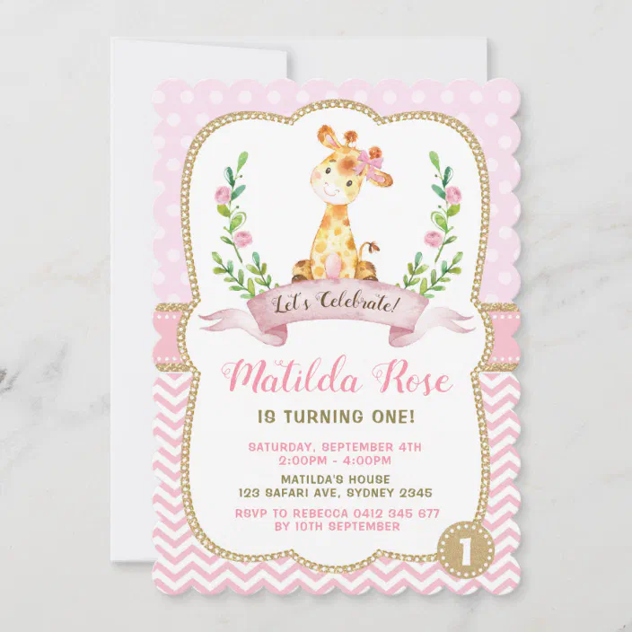 Printed Invites Personalized Digital or Printed Pink Watercolor Giraffe Birthday Invitations Girl Safari Jungle First Birthday