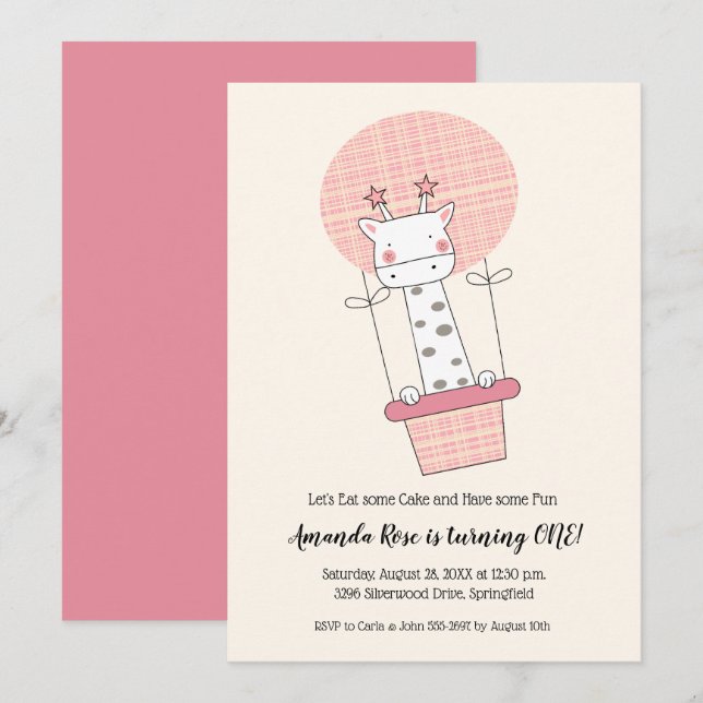 Girl Giraffe Hot Air Balloon First Birthday Party Invitation (Front/Back)