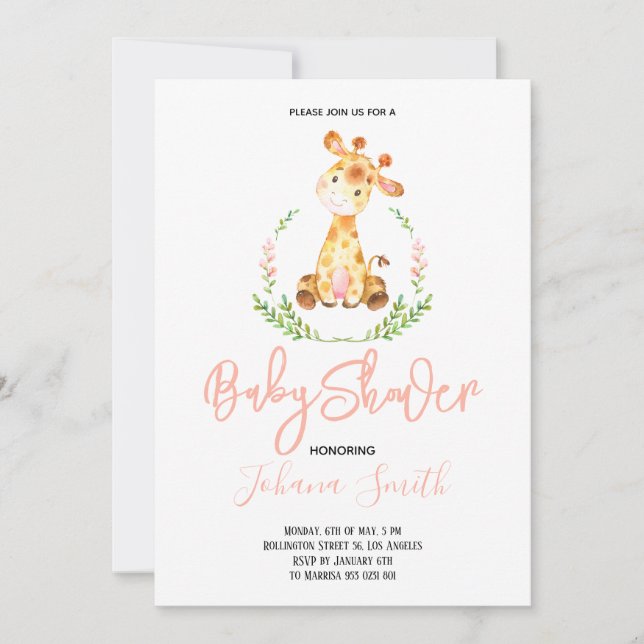 Girl Giraffe Safari Baby Shower Invitation (Front)