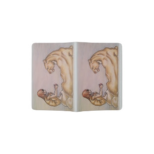 Girl giving Apple to a Lion Cartoon Drawing Passport Holder