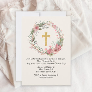 Girl Gold Cross Pink Floral Religious Baptism Invitation