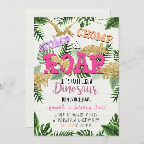 Girl Gold Dinosaur Tropical Birthday Invitation