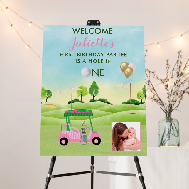 Girl Golf Pink Par-tee Photo 1st Birthday Foam Board (In Situ (Stand))