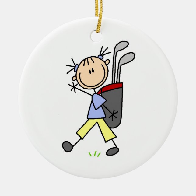 Girl Golfer With Bag and Clubs Ceramic Ornament (Front)