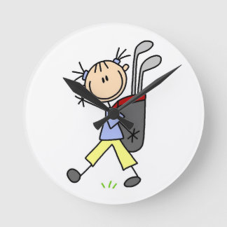 Girl Golfer With Bag and Clubs Round Clock