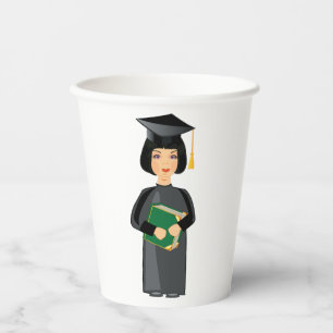 Girl Graduate in Black Cap and Gown Paper Cups