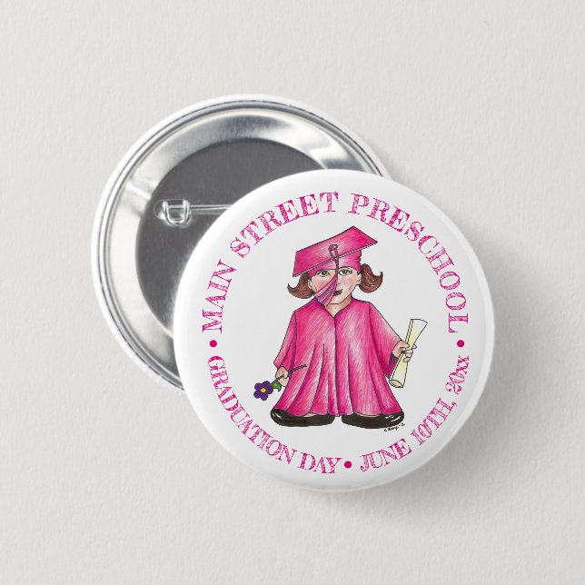Girl Graduate Pink Gown Cap Preschool Graduation Button (Front & Back)