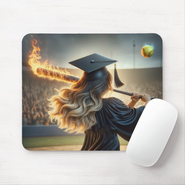 Girl Graduate Swinging a Flaming Baseball Bat Mouse Pad (With Mouse)