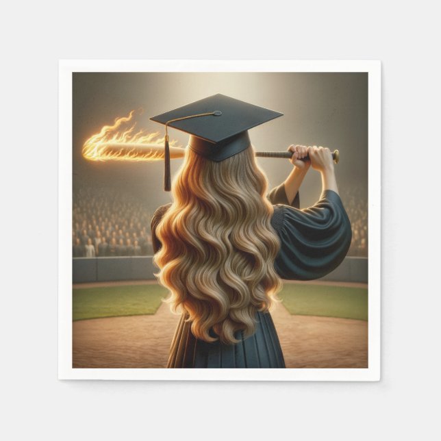 Girl Graduate Swinging a Flaming Baseball Bat Napkins (Front)