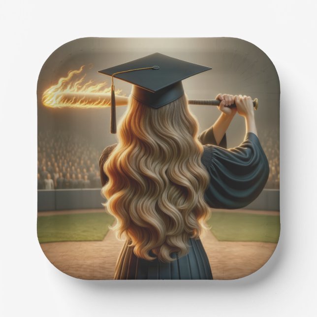 Girl Graduate Swinging a Flaming Baseball Bat Paper Plates (Front)