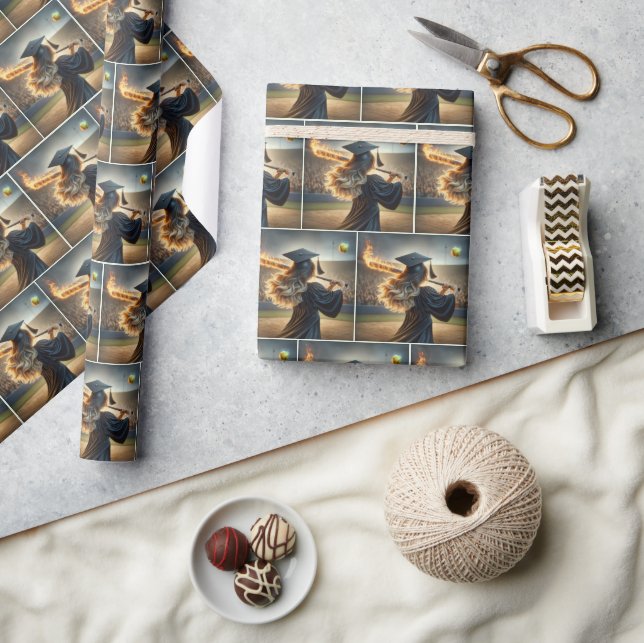 Girl Graduate Swinging a Flaming Baseball Bat Wrapping Paper (Crafts)