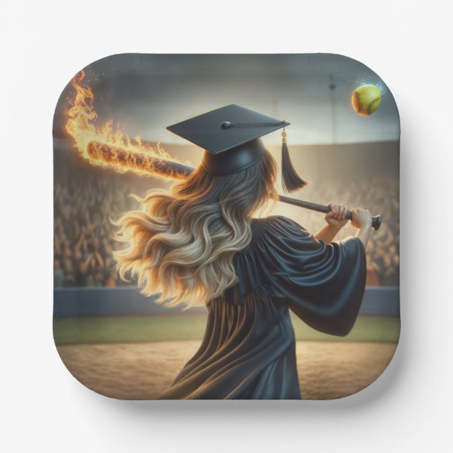 Girl Graduate Swinging a Flaming Bat Paper Plates (Front)