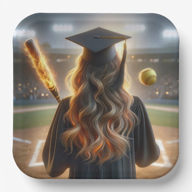 Girl Graduate With Flaming Bat and Softball Paper Plates (Front)