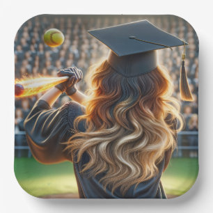 Girl Graduate With Flaming Bat and Softball Paper Plates