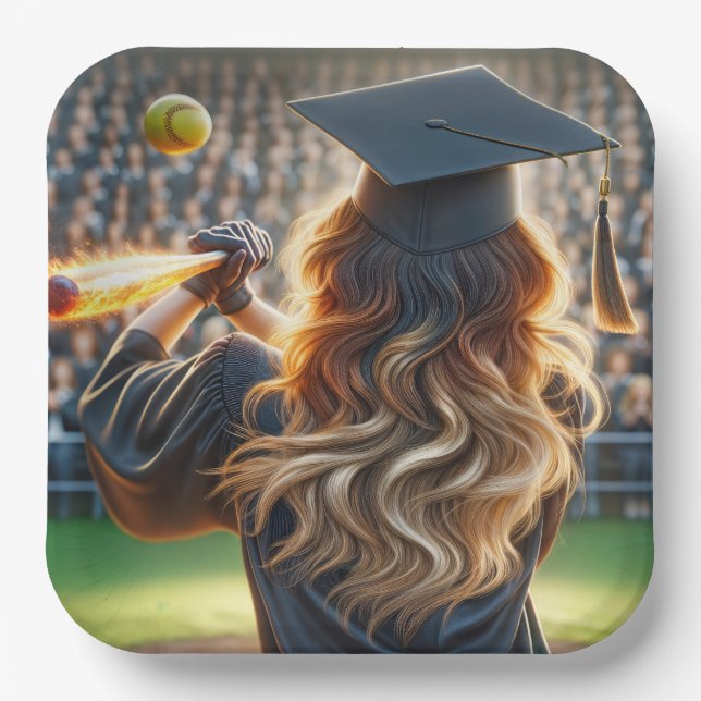 Girl Graduate With Flaming Bat and Softball Paper Plates (Front)