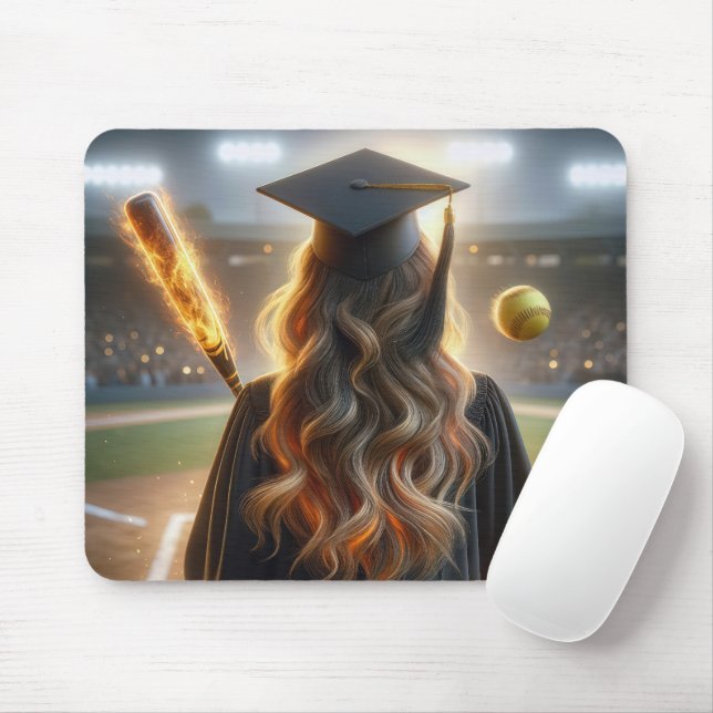 Girl Graduate With Softball and Fiery Bat Mouse Pad (With Mouse)