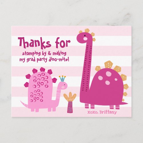 Girl Graduation Pink Dinosaurs Kawaii Thank You Postcard