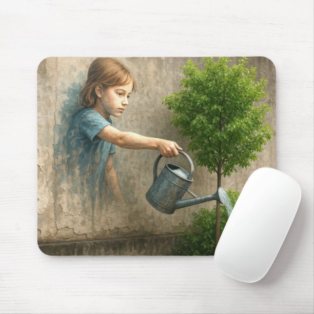 Girl Graffiti Watering a City Tree Mouse Pad (With Mouse)