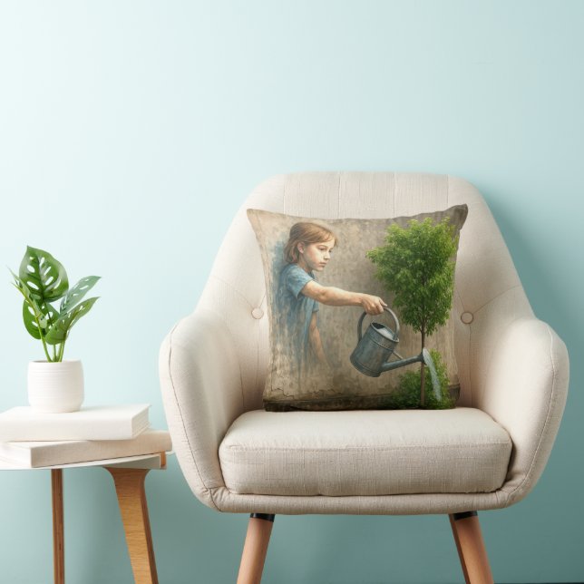 Girl Graffiti Watering a City Tree Throw Pillow (Chair)