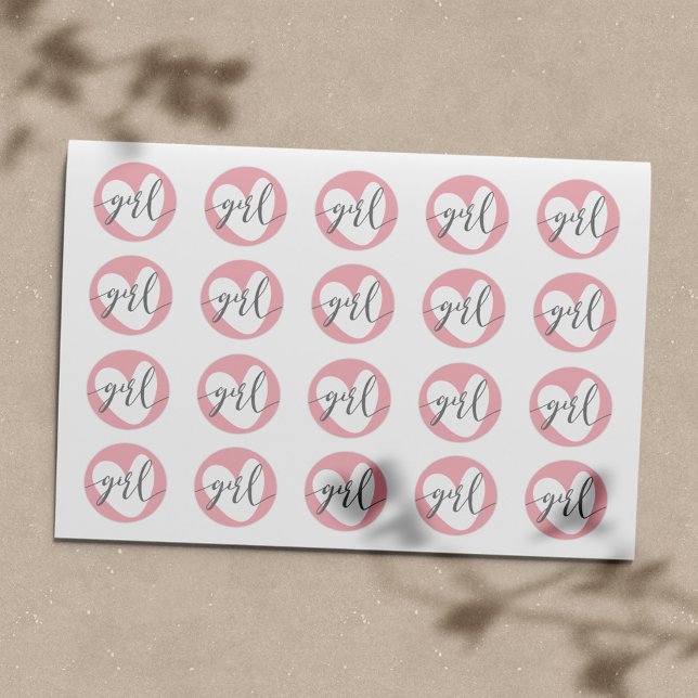 "Girl" Gray White Baby Blush Pink Heart Classic Round Sticker (Creator Uploaded)