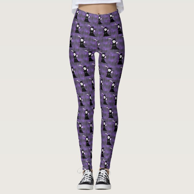 Girl Grim Reaper with Cemetery Background Leggings (Front)