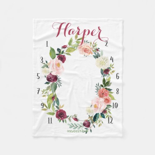 Girl Growth tracker _ Boho watercolor with roses Fleece Blanket