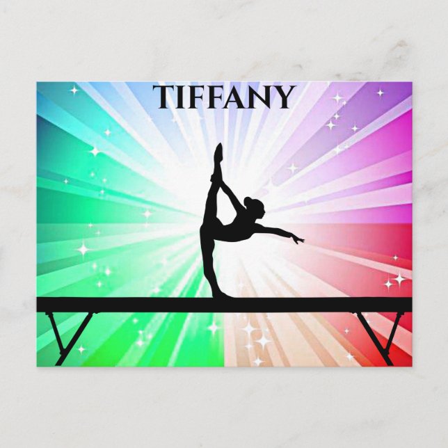 Girl Gymnast on Balance Beam over Rainbow Burst Postcard (Front)