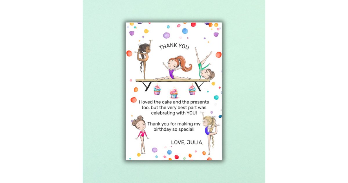 Girl Gymnastics Birthday Party Flat Thank You Card | Zazzle