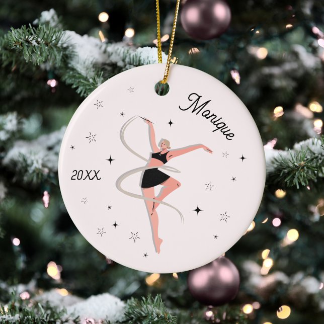 Girl Gymnastics Dancer Kid Name & Year Pink  Ceramic Ornament (Creator Uploaded)