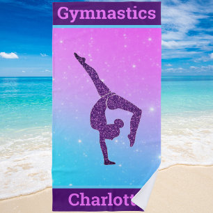 Girl Gymnastics Handstand Purple Aqua Personalized Beach Towel