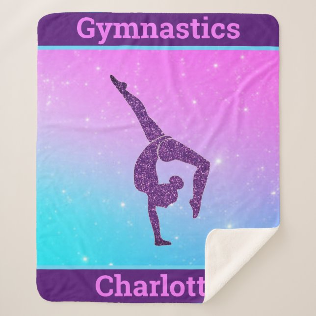 Girl Gymnastics Handstand Purple Aqua Personalized Sherpa Blanket (Front)