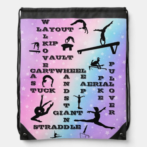 Girl Gymnastics Skills Pastel Stars Crosswords  Drawstring Bag