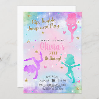 Girl gymnastics watercolor gold birthday invite. invitation