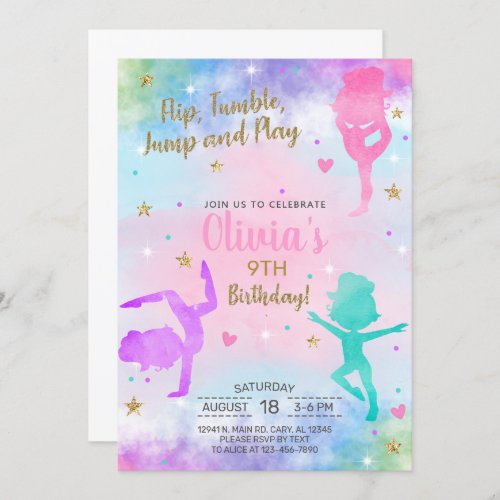 Girl gymnastics watercolor gold birthday invite invitation