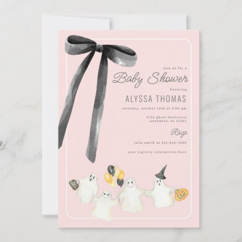 Girl Halloween Ghost and Black Bow Baby Shower Invitation