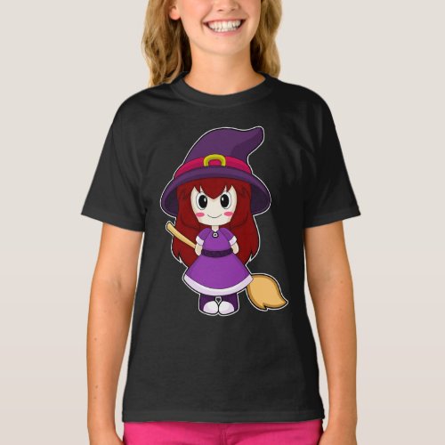 Girl Halloween Witch Broom T_Shirt