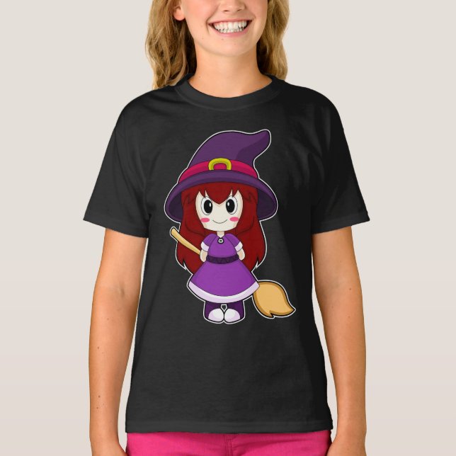 Girl Halloween Witch Broom T-Shirt (Front)