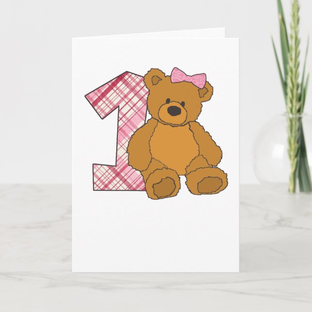Girl Happy 1st Birthday Bear with 1 and Pink Bow Card (Front)