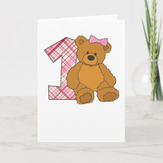 Girl Happy 1st Birthday Bear with 1 and Pink Bow Card