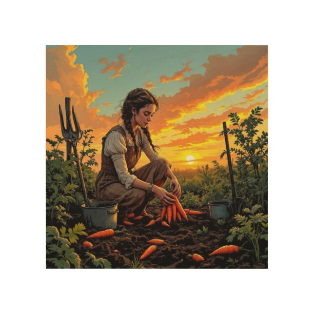 Girl Harvesting Carrots Wood Wall Art (Front)