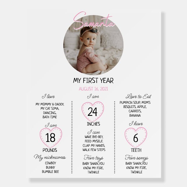 Girl Heart First Birthday Milestones Sign (Front)