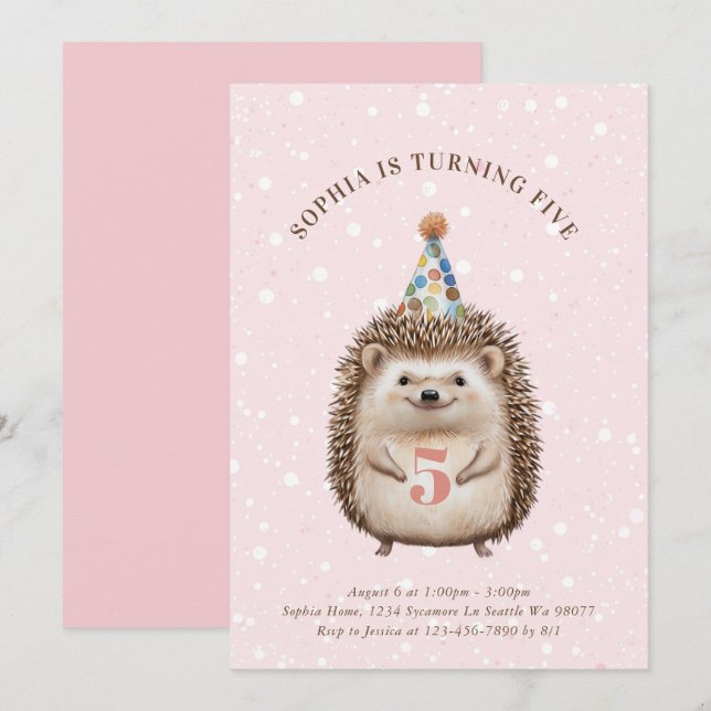 Girl Hedgehog Birthday Invitations (Front/Back)